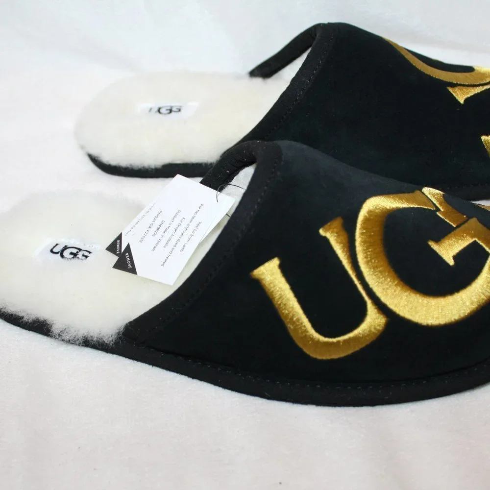 NIB UGG MEN'S LOGO SCUFF SUEDE SHEARLING SLIP ON SLIPPER‎ BLACK GOLD 8